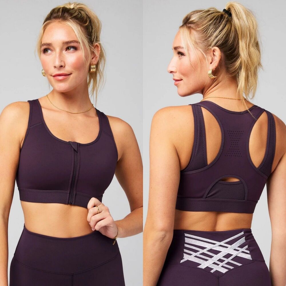 Fabletics Front Zip High Impact Sports Bra in Deep Plum